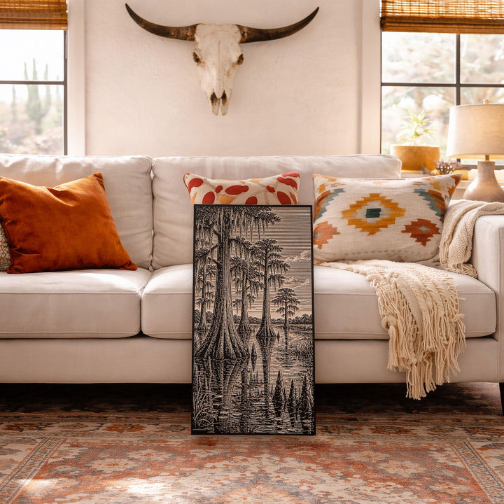 Bald Cypress Swamp Reflection Engraved Birch Art Panel