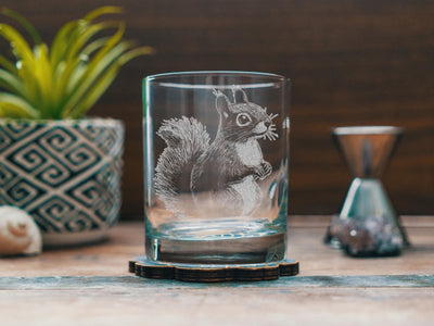 Squirrel Glasses | Woodland Animal Personalized Whiskey, Wine & Beer Glassware, Animal Drinkware, Forest Themed Decor, Cute Whimsical Gift