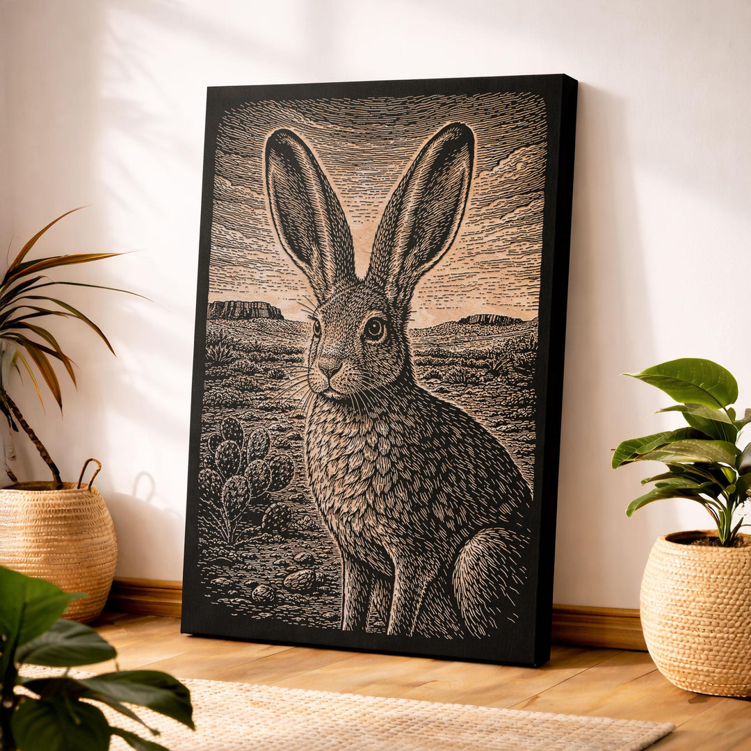 Jackrabbit in Desert Landscape Engraved Birch Art Panel