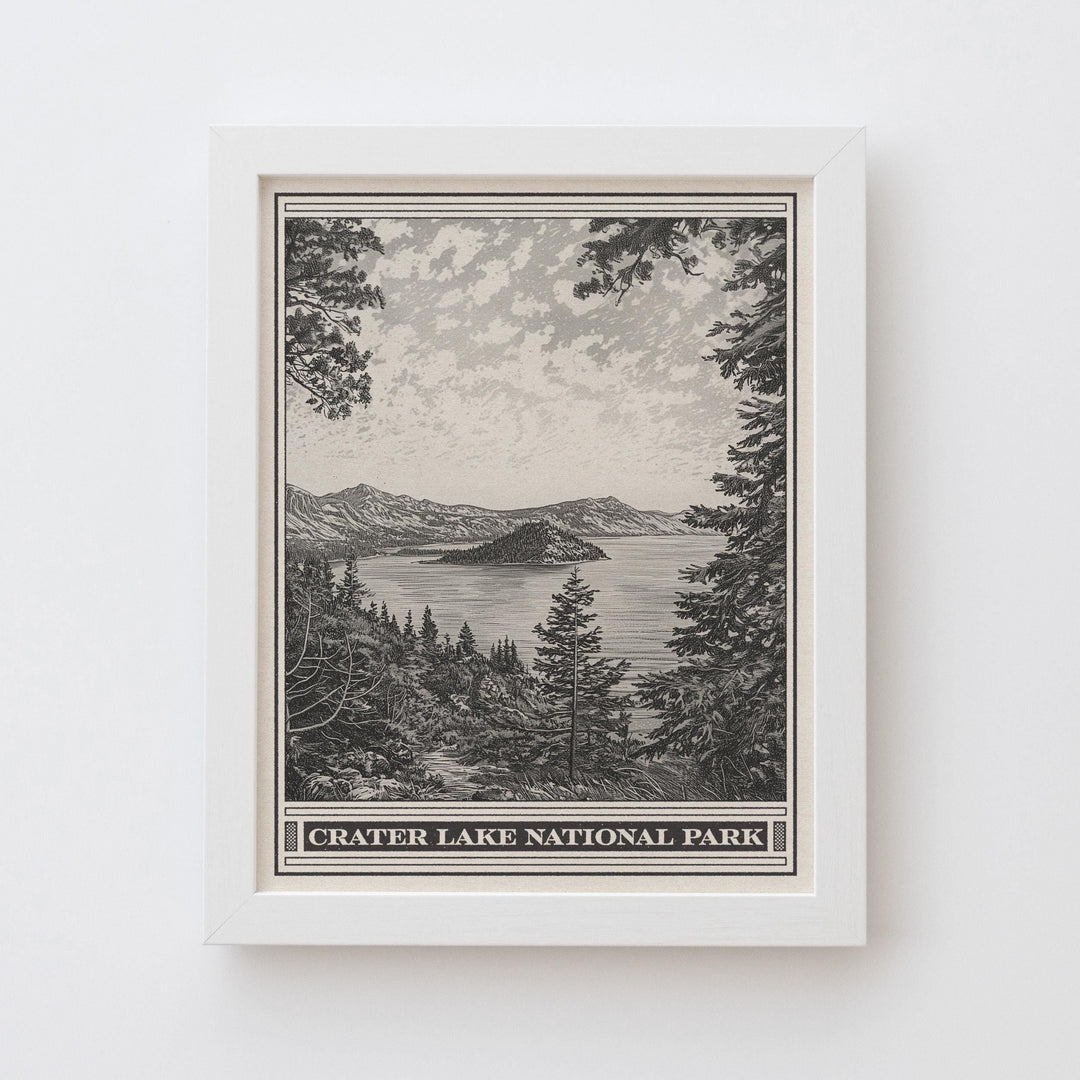 Crater Lake Park Lithograph Style Print - Vintage Oregon archival matte fine art print. Cascade Mountains Mount Mazama Wizard Island Gift.