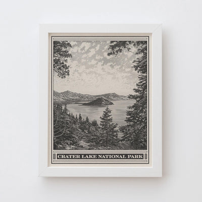 Crater Lake Park Lithograph Style Print - Vintage Oregon archival matte fine art print. Cascade Mountains Mount Mazama Wizard Island Gift.