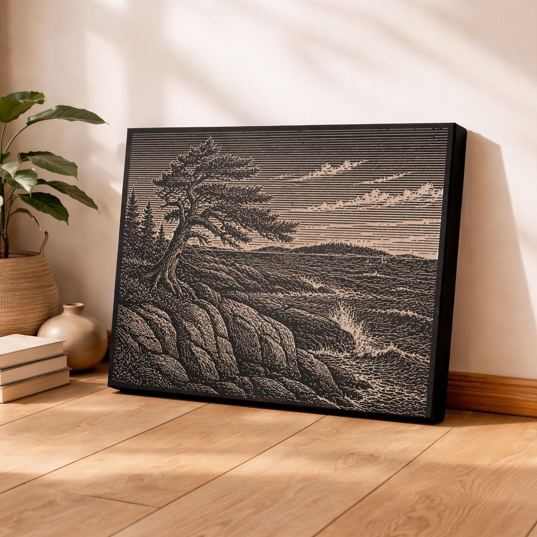Granite Coast and Wind-Shaped Spruce Engraved Birch Art Panel
