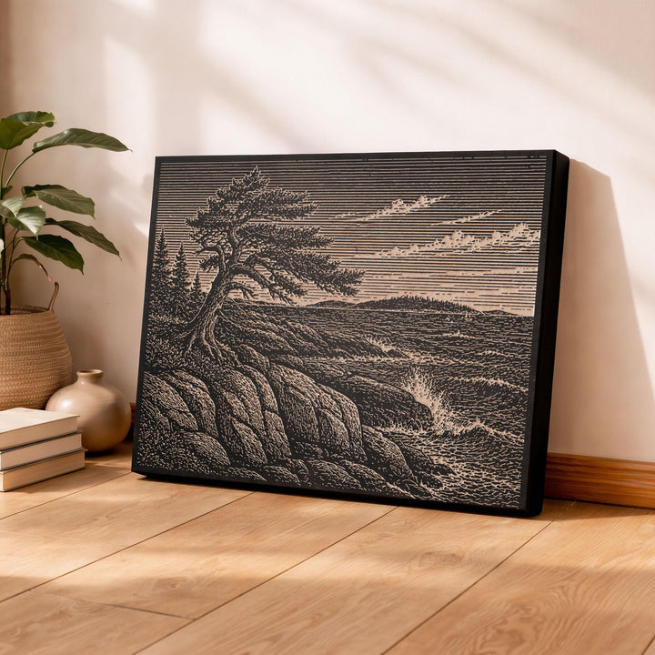 Granite Coast and Wind-Shaped Spruce Engraved Birch Art Panel