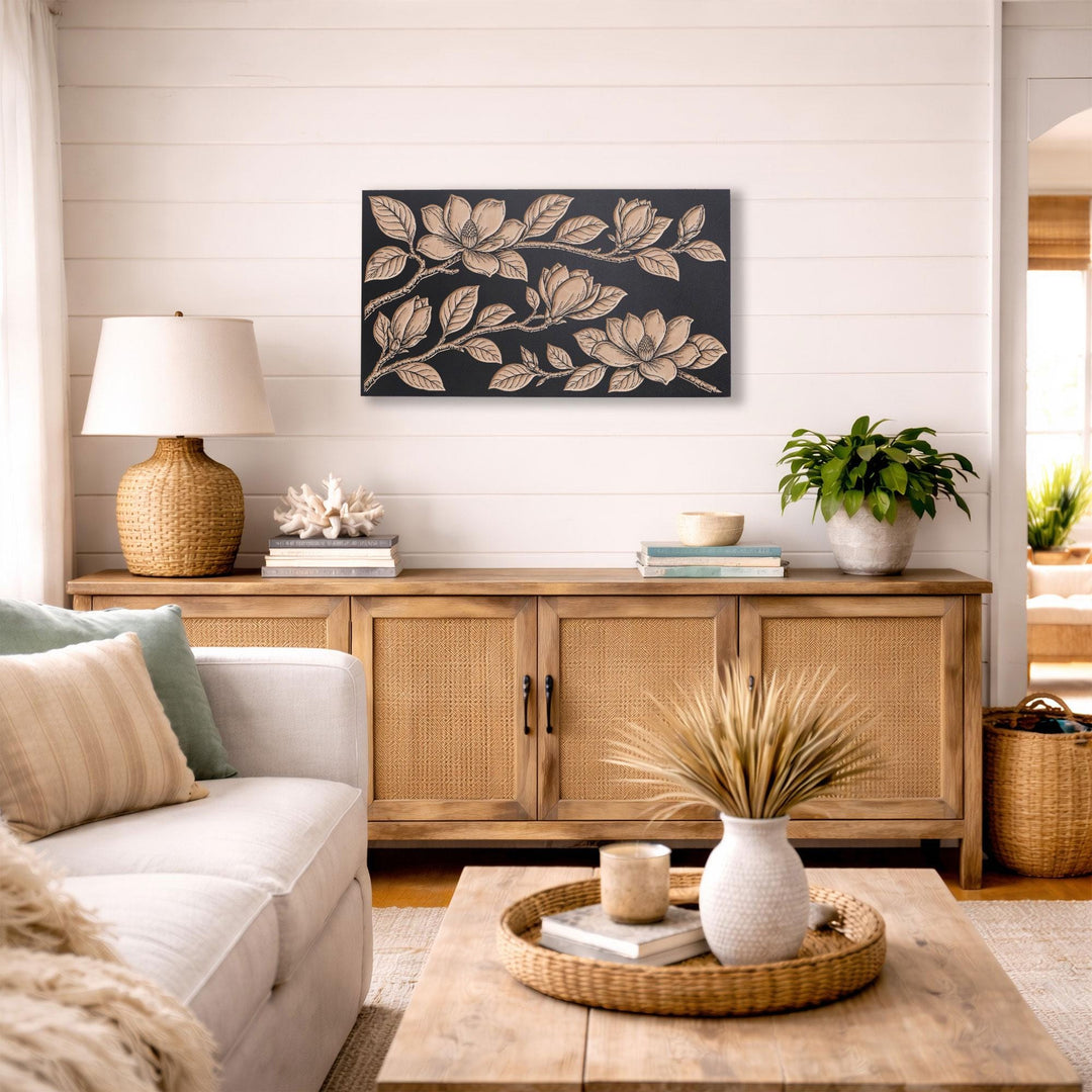 Southern Magnolia Blossoms Engraved Birch Art Panel