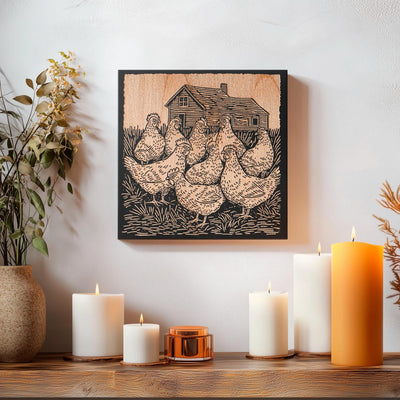 Chickens on a Farm Engraved Wood Wall Art Panel