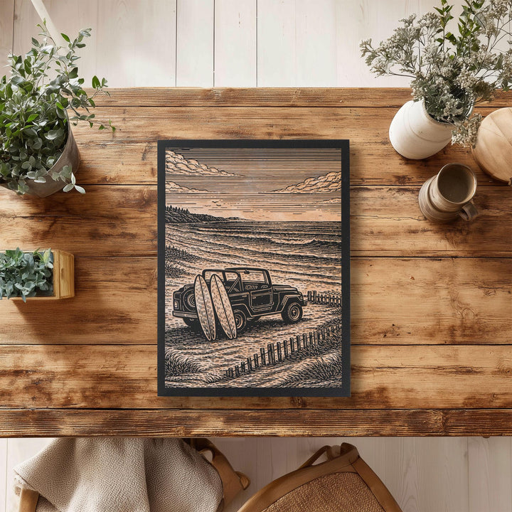 Surf SUV On the Beach Engraved Illustration