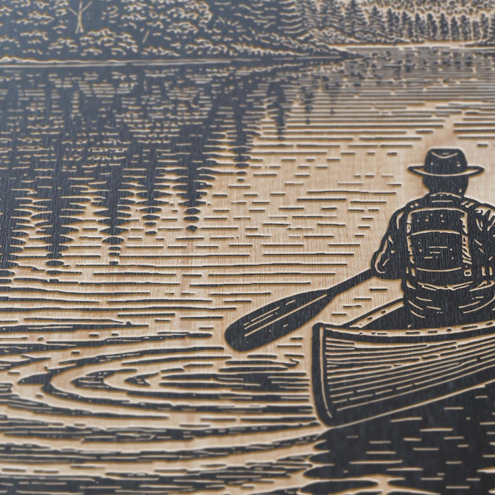 Canoe Paddling Through a Peaceful Forest Engraved Illustration