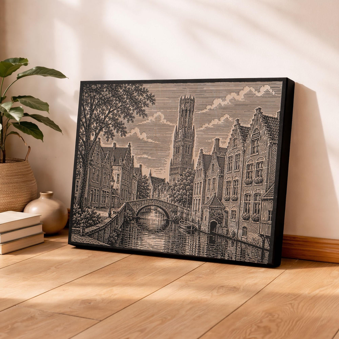 Bruges Canal and Belfry Engraved Birch Art Panel