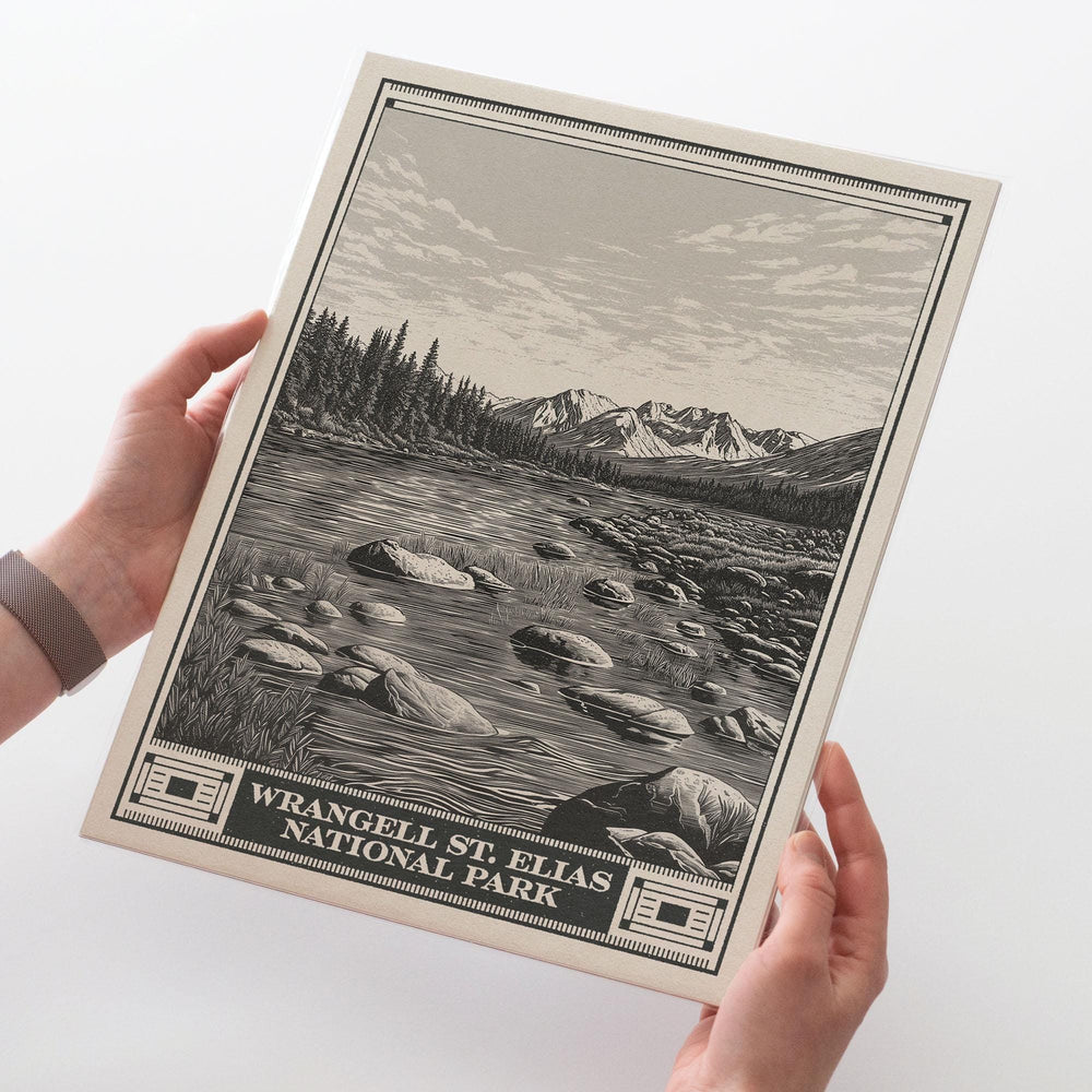 Wrangell St Elias National Park Lithograph Style Print - Vintage Alaska archival matte fine art print gift Alaskan Volcano Glacier Mountains
