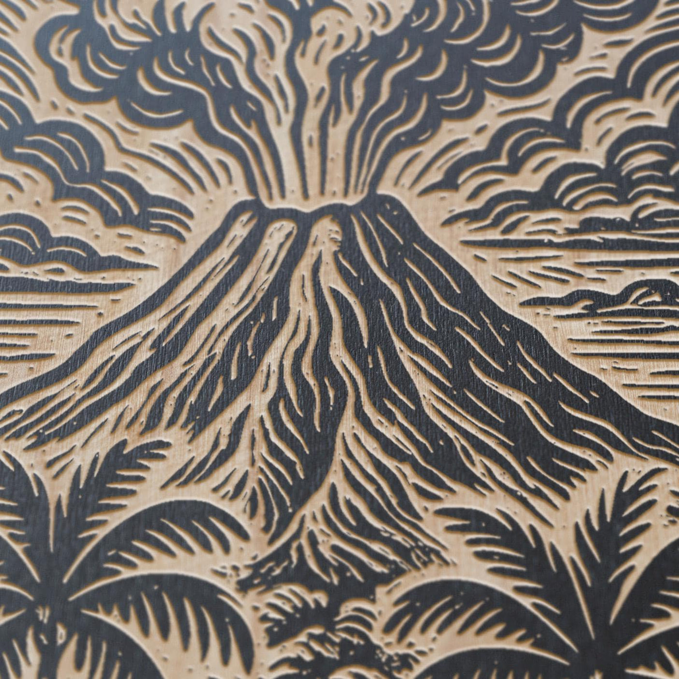 Volcano Landscape Engraved Birch Illustration