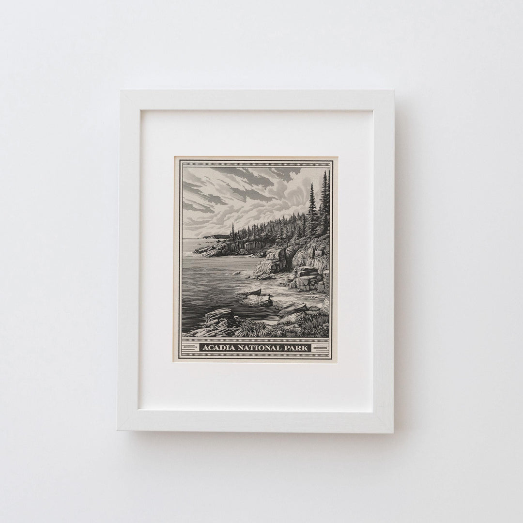 Acadia National Park Rocky Coast Lithograph Style Print - Vintage Maine New England archival matte fine art print. Mount Desert Island gift.