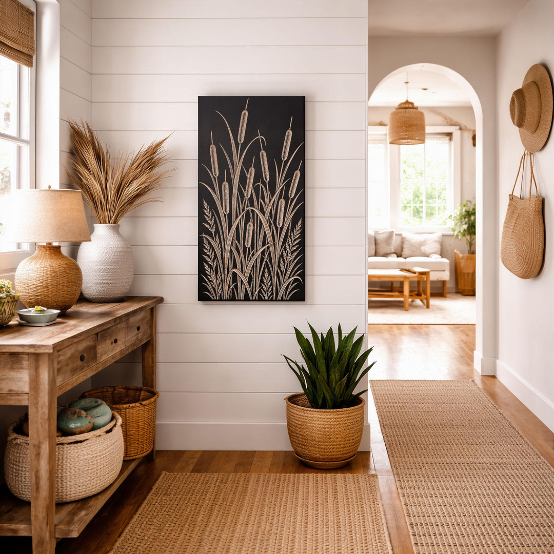 Lush Cattail Marsh Engraved Birch Art Panel