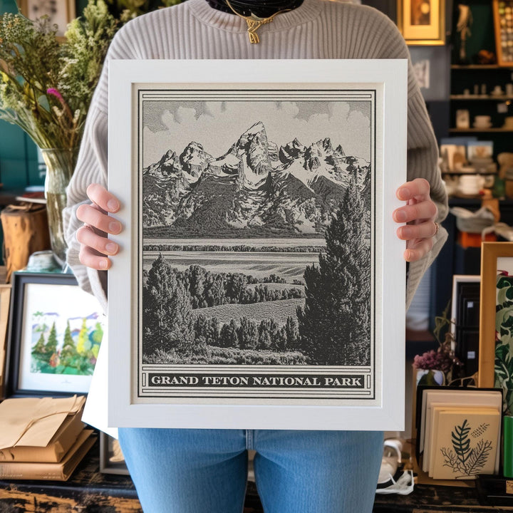 Grand Teton National Park Lithograph Style Print - Vintage Wyoming archival matte fine art print. Jackson Hole western mountain gift.