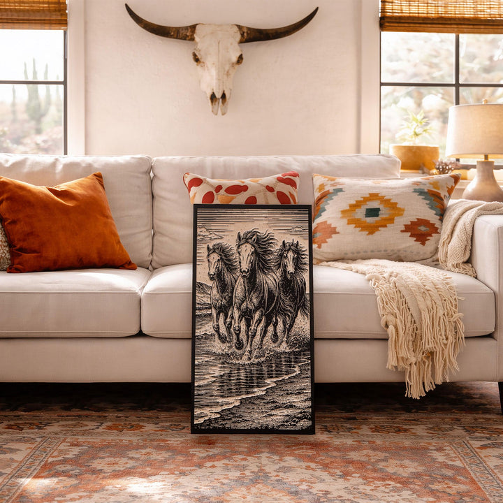 Wild Horses on Beach Engraved Birch Art Panel