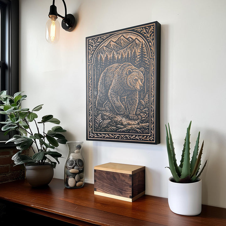 Bear in the Mountains Engraved Birch Illustration