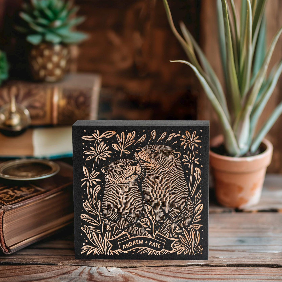 Custom Name Otter Couple Engraved Birch Wood Panel