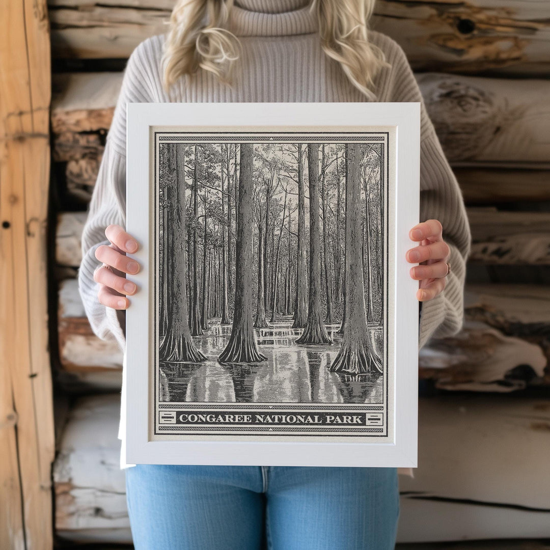 Congaree National Park Lithograph Style Print - Vintage South Carolina archival matte fine art print. Wateree Rivers. Southern State gift