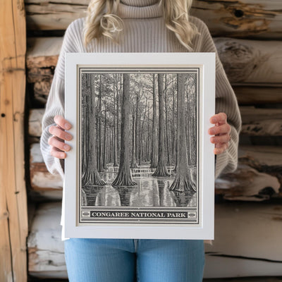 Congaree National Park Lithograph Style Print - Vintage South Carolina archival matte fine art print. Wateree Rivers. Southern State gift