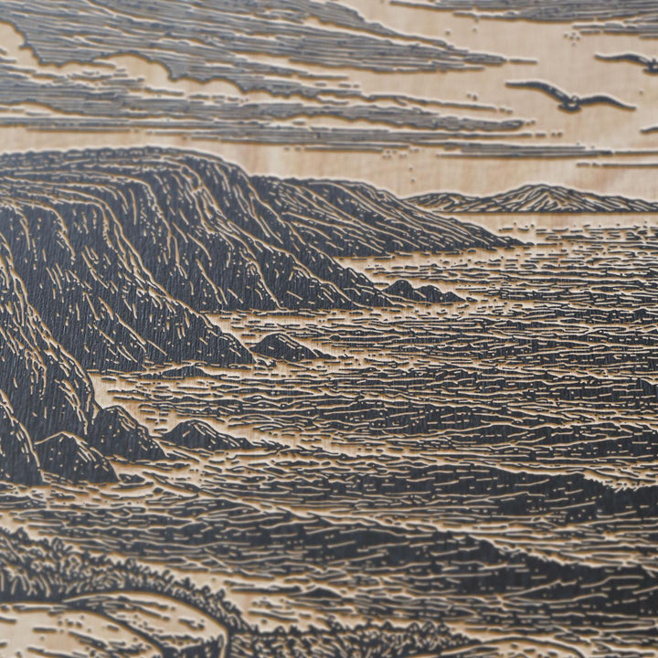 Coastal Cliffs and Crashing Waves Engraved Birch Art Panel