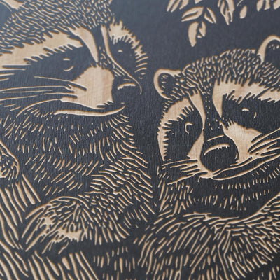 Raccoons Engraved Birch Wood Panel