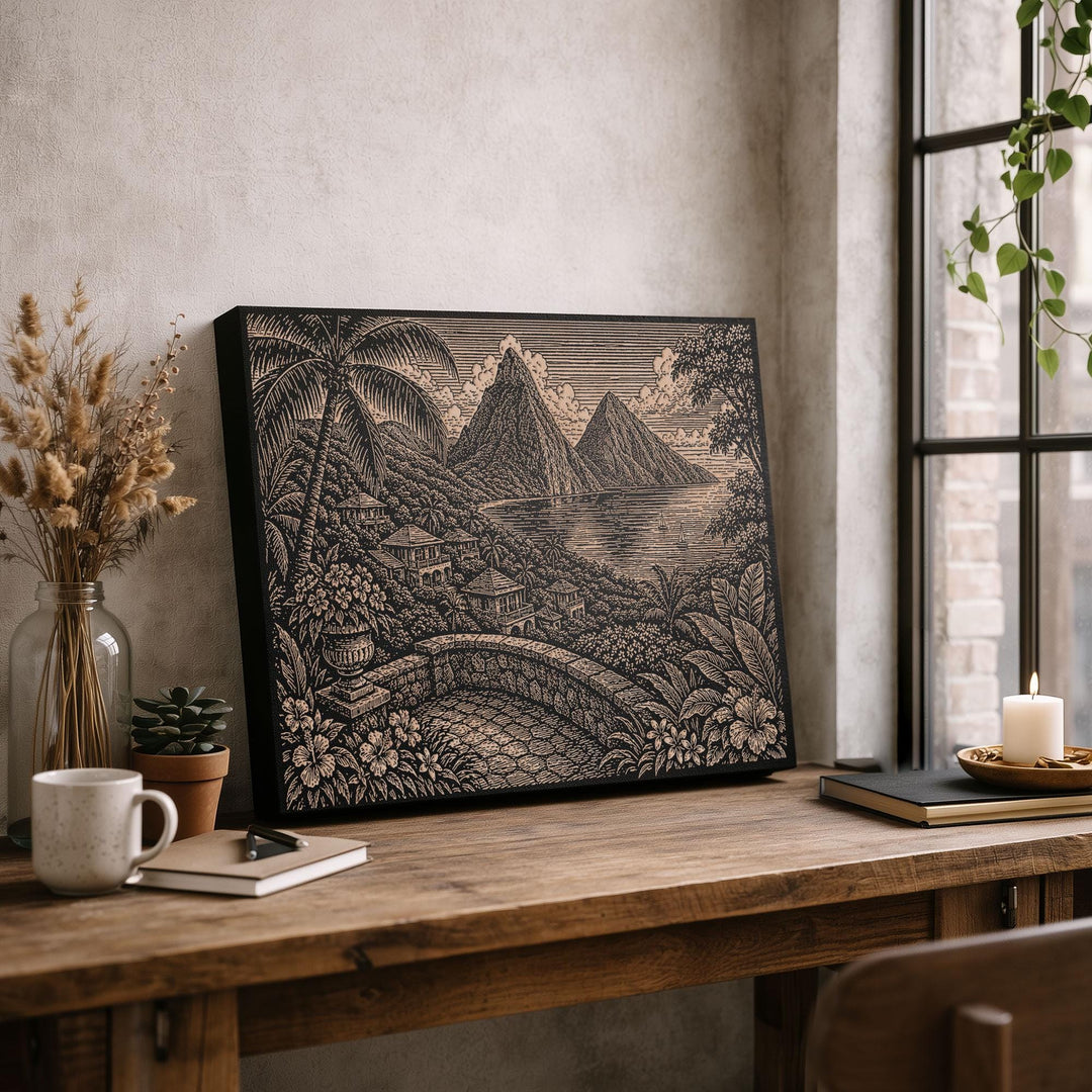 St. Lucia Pitons Engraved Birch Art Panel
