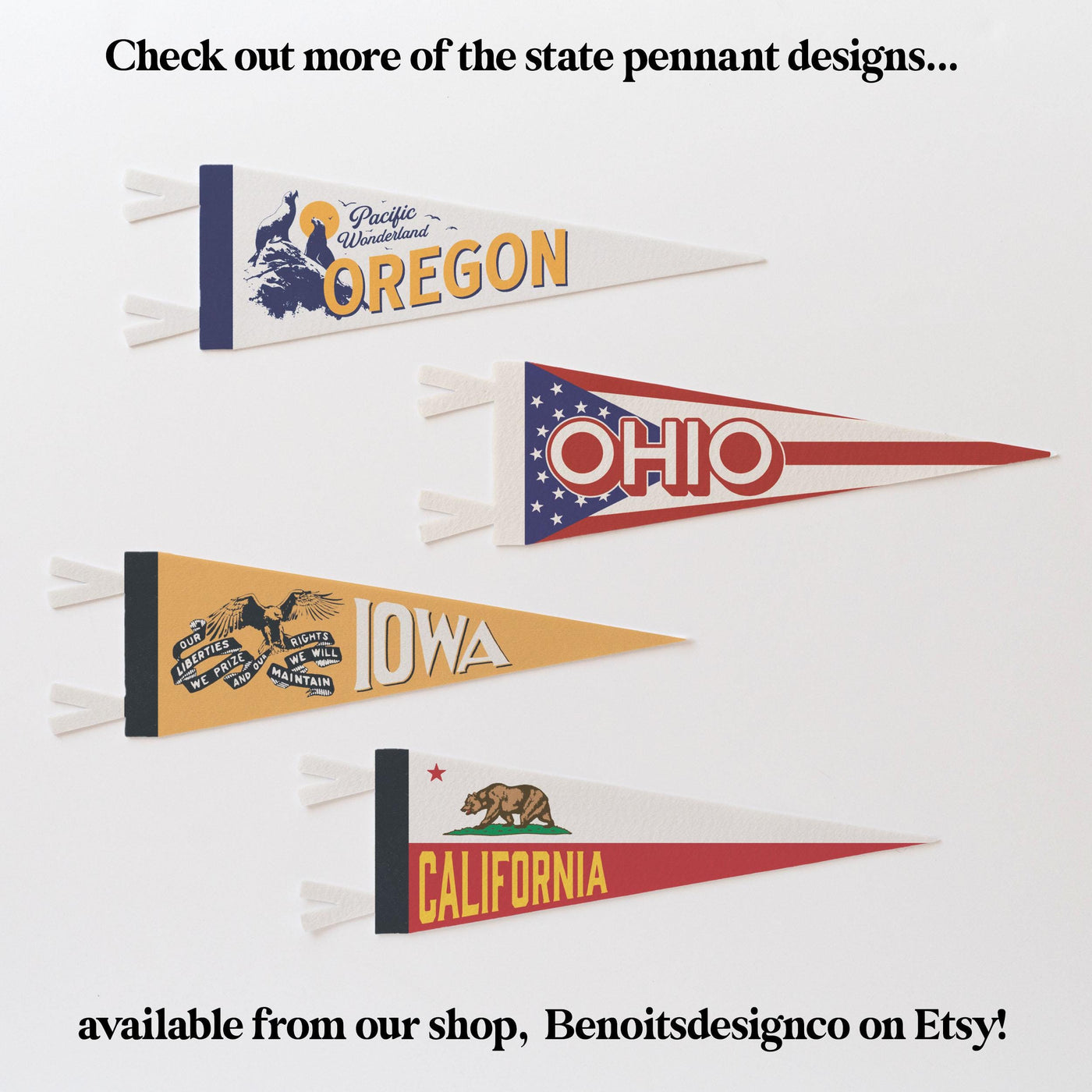 a group of pennants with the words oregon, oregon, and california on them