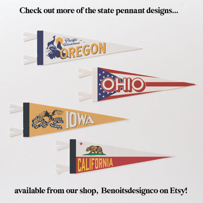 a group of pennants with the words oregon, oregon, and california on them