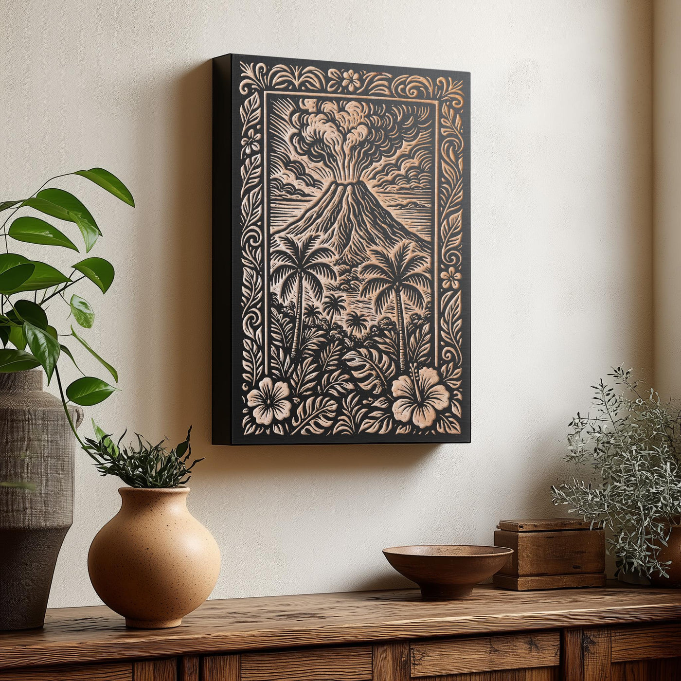 Volcano Landscape Engraved Birch Illustration
