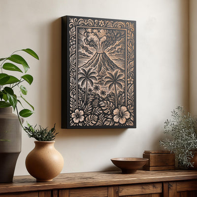 Volcano Landscape Engraved Birch Illustration