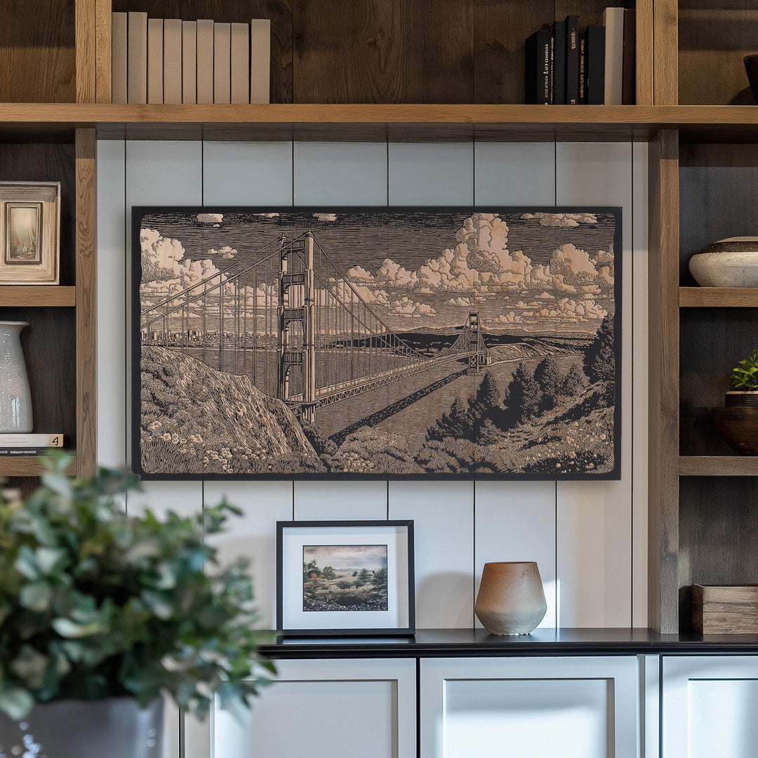 California Golden Gate Bridge Engraved Illustration