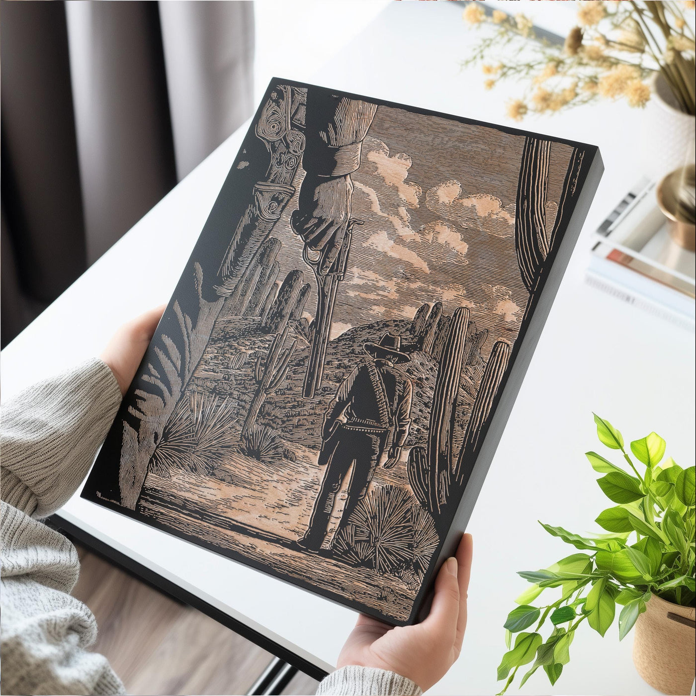 Cowboy Stand Off in the Desert Engraved Illustration