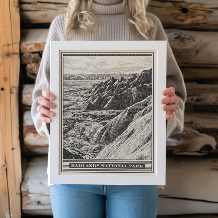 Badlands National Park Lithograph Style Print - Vintage South Dakota archival matte fine art print. Castle Trail Art. Western Desert Gift