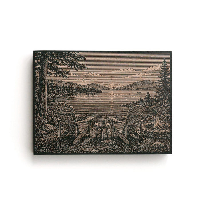 Adirondack Chairs by the Lake Engraved Illustration