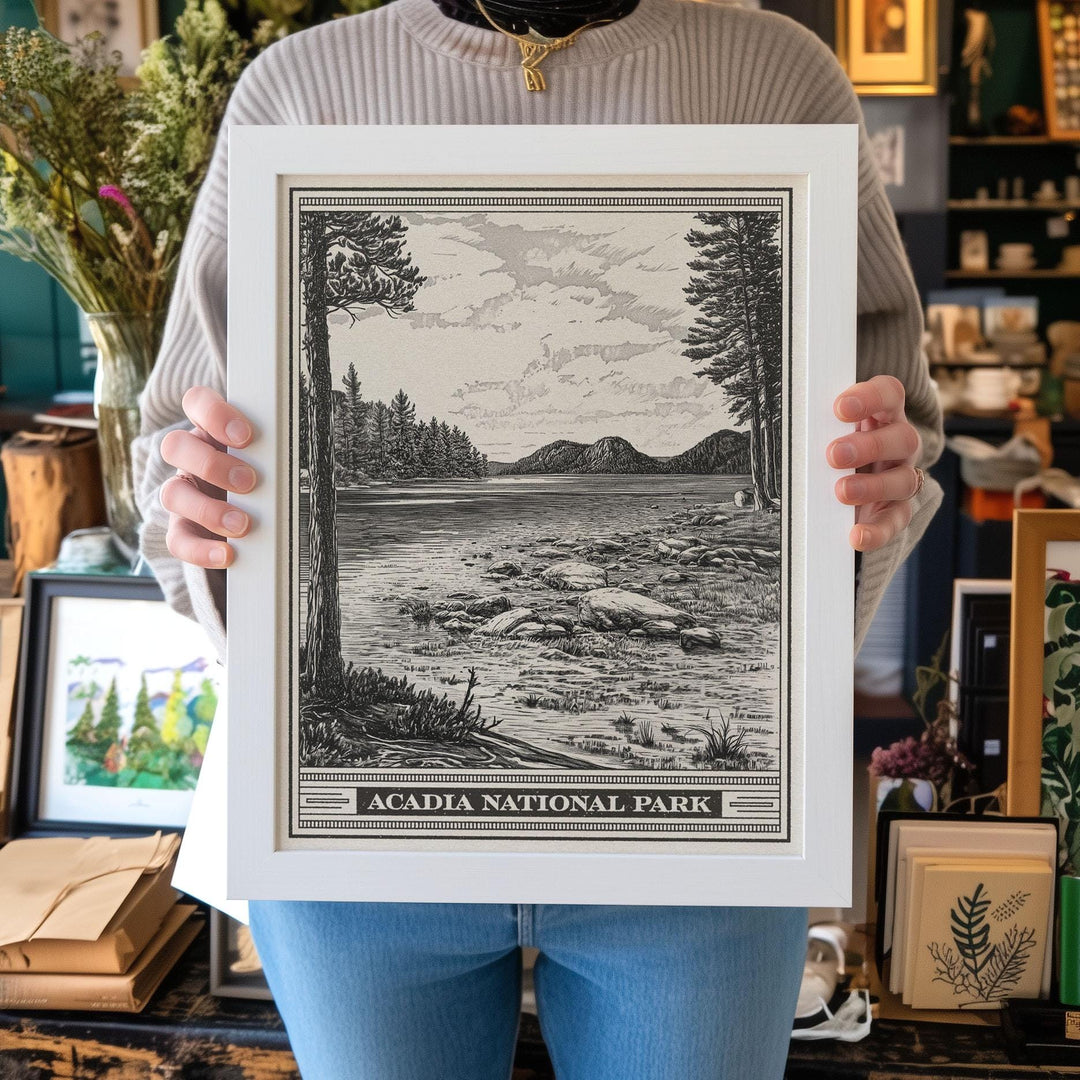 Acadia National Park Jordan Pond Lithograph Style Print - Vintage Maine New England archival matte fine art print. Mount Desert Island gift.