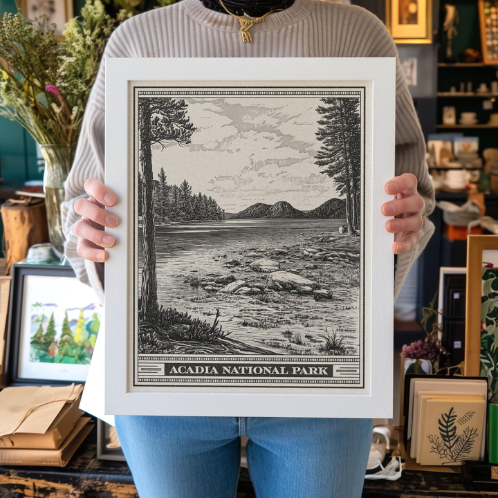 Acadia National Park Jordan Pond Lithograph Style Print - Vintage Maine New England archival matte fine art print. Mount Desert Island gift.