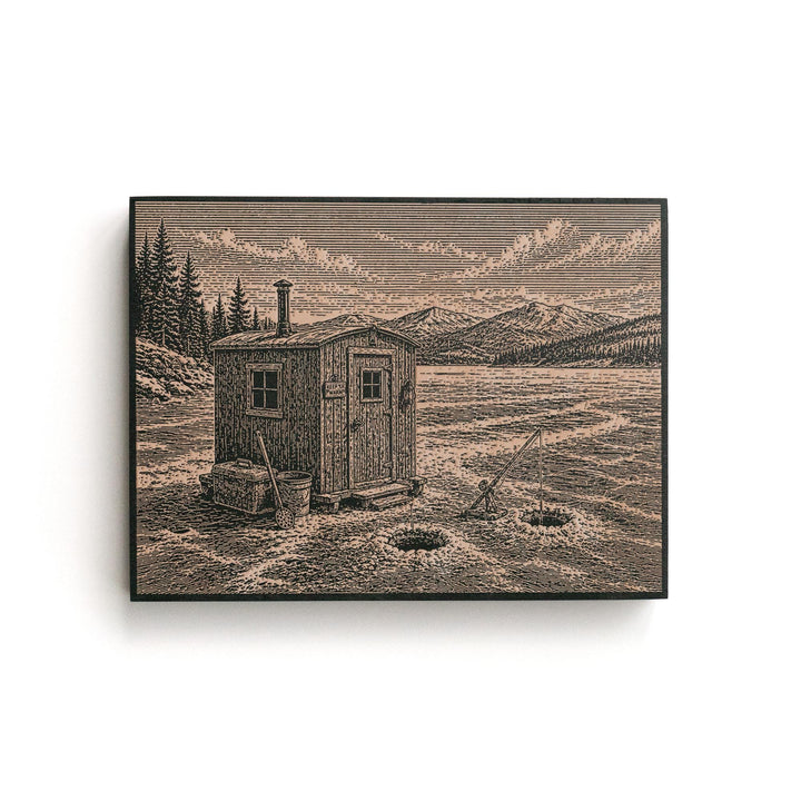 Ice Fishing on a Snowy Lake Engraved Illustration
