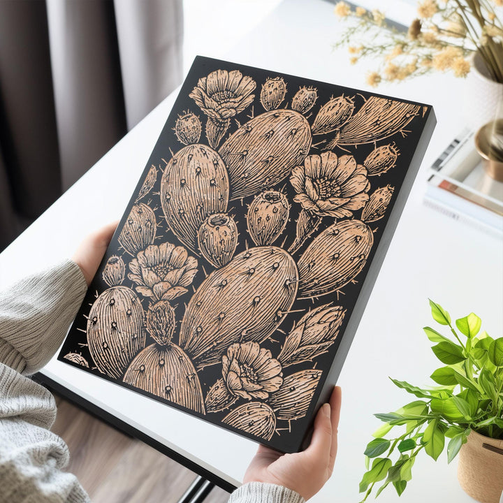 Prickly Pear Cactus Engraved Birch Art Panel