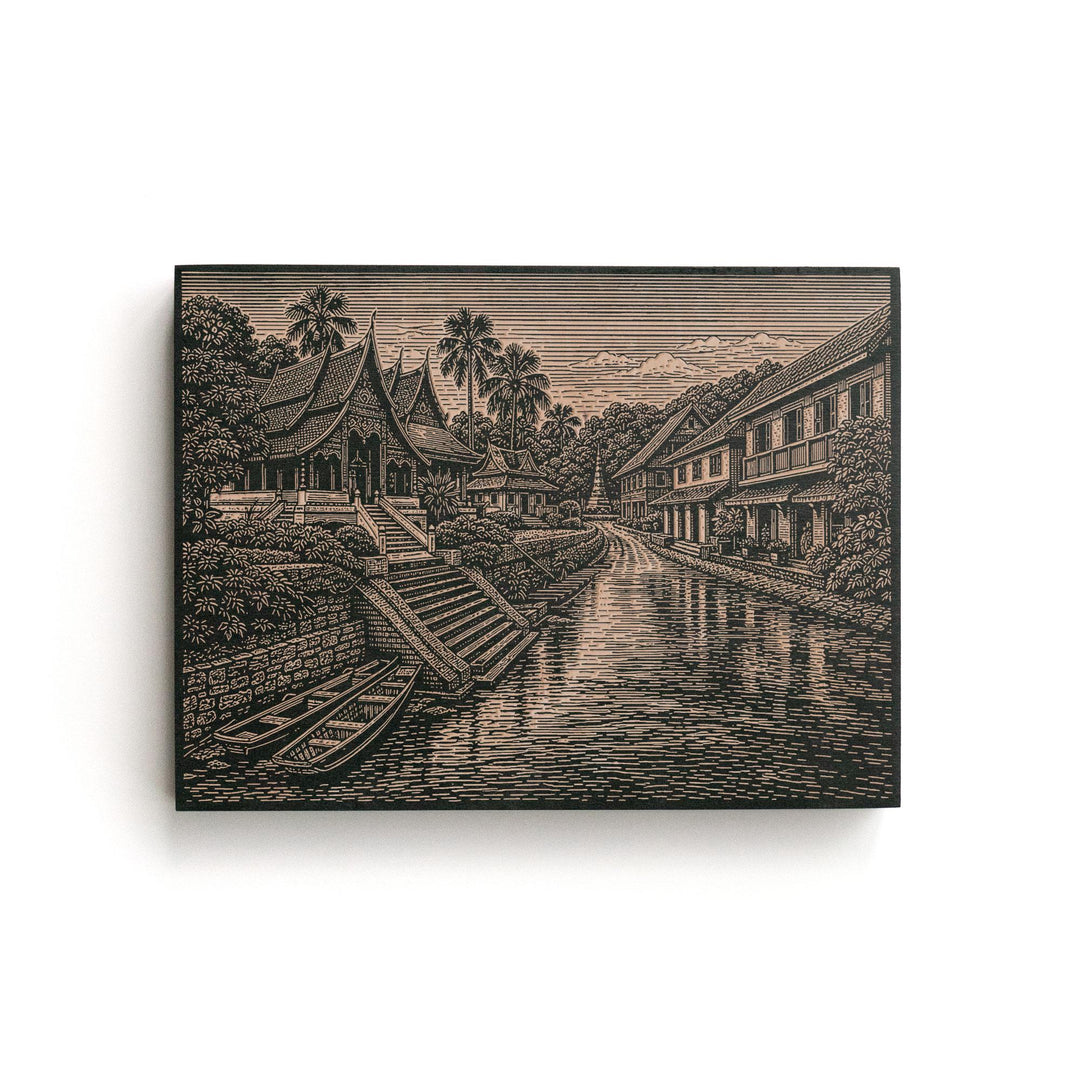 Luang Prabang Riverfront Engraved Birch Art Panel