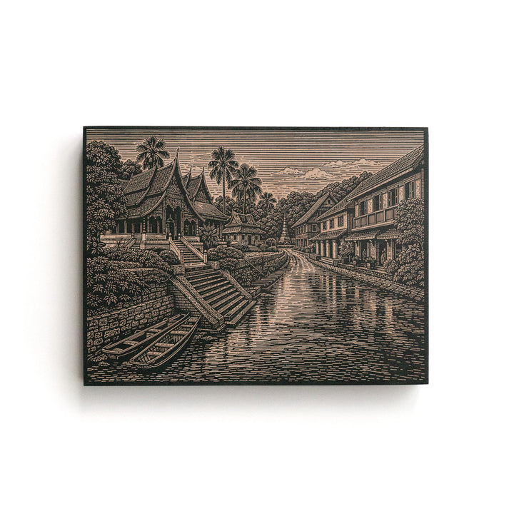 Luang Prabang Riverfront Engraved Birch Art Panel