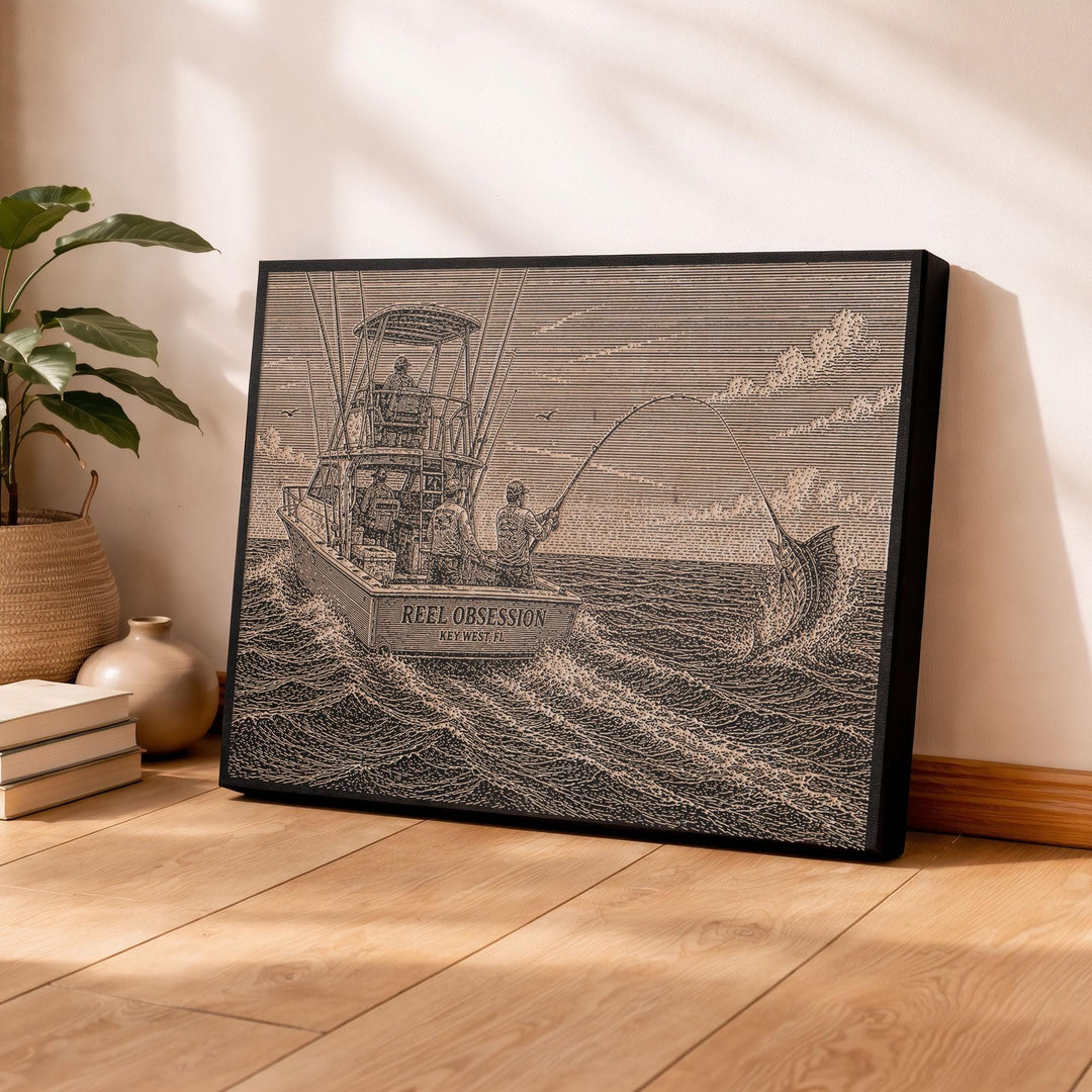 Marlin Sport Fishing Engraved Illustration