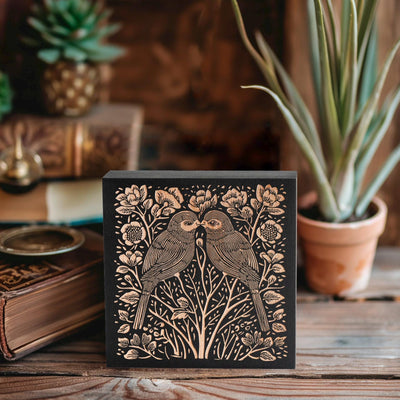 Lovebirds Engraved Birch Wood Panel