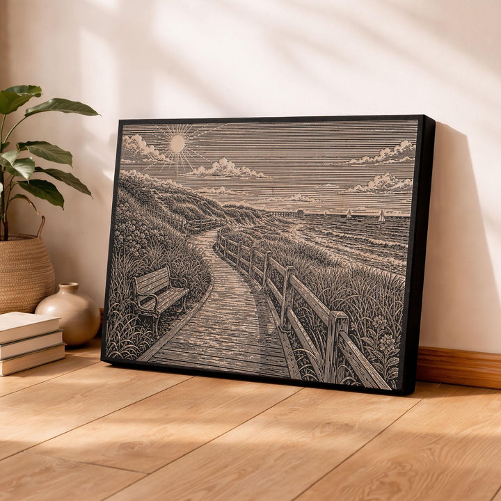 Seaside Boardwalk Stroll Engraved Illustration