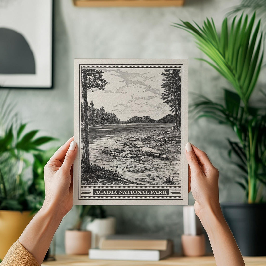 Acadia National Park Jordan Pond Lithograph Style Print - Vintage Maine New England archival matte fine art print. Mount Desert Island gift.