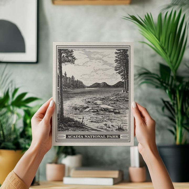 Acadia National Park Jordan Pond Lithograph Style Print - Vintage Maine New England archival matte fine art print. Mount Desert Island gift.