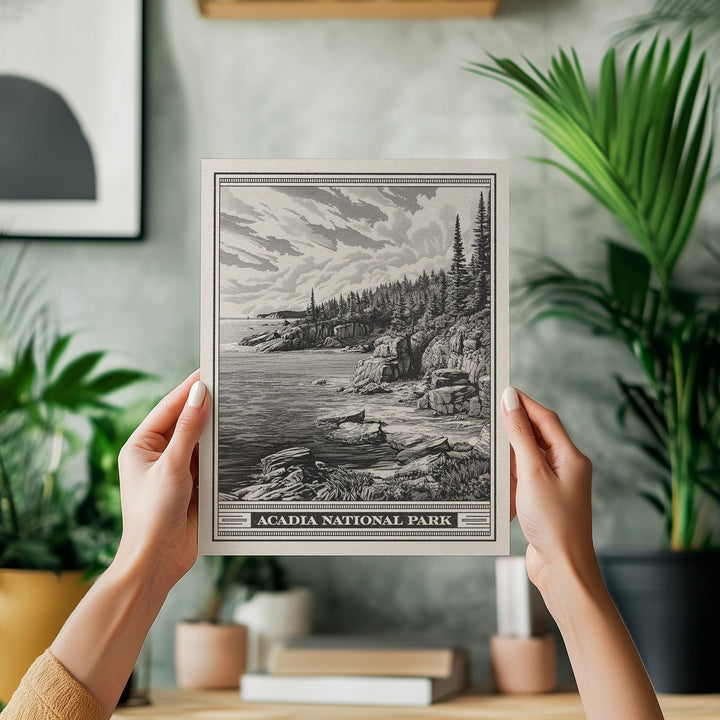 Acadia National Park Rocky Coast Lithograph Style Print - Vintage Maine New England archival matte fine art print. Mount Desert Island gift.
