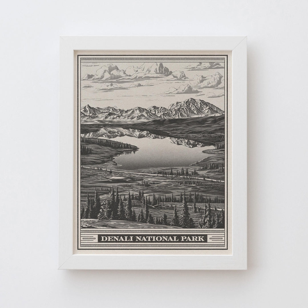 Denali National Park Lithograph Style Print - Vintage Alaska archival matte fine art print. Mount McKinley gift. Athabascan Wildlife Poster