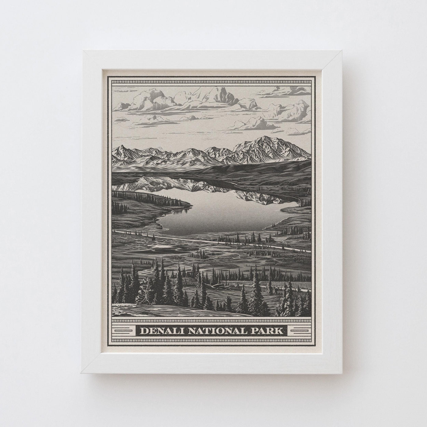 Denali National Park Lithograph Style Print - Vintage Alaska archival matte fine art print. Mount McKinley gift. Athabascan Wildlife Poster