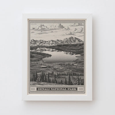 Denali National Park Lithograph Style Print - Vintage Alaska archival matte fine art print. Mount McKinley gift. Athabascan Wildlife Poster