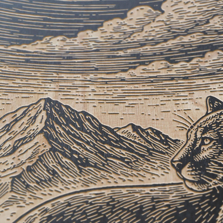 Mountain Lion in the High Country Engraved Birch Art Panel