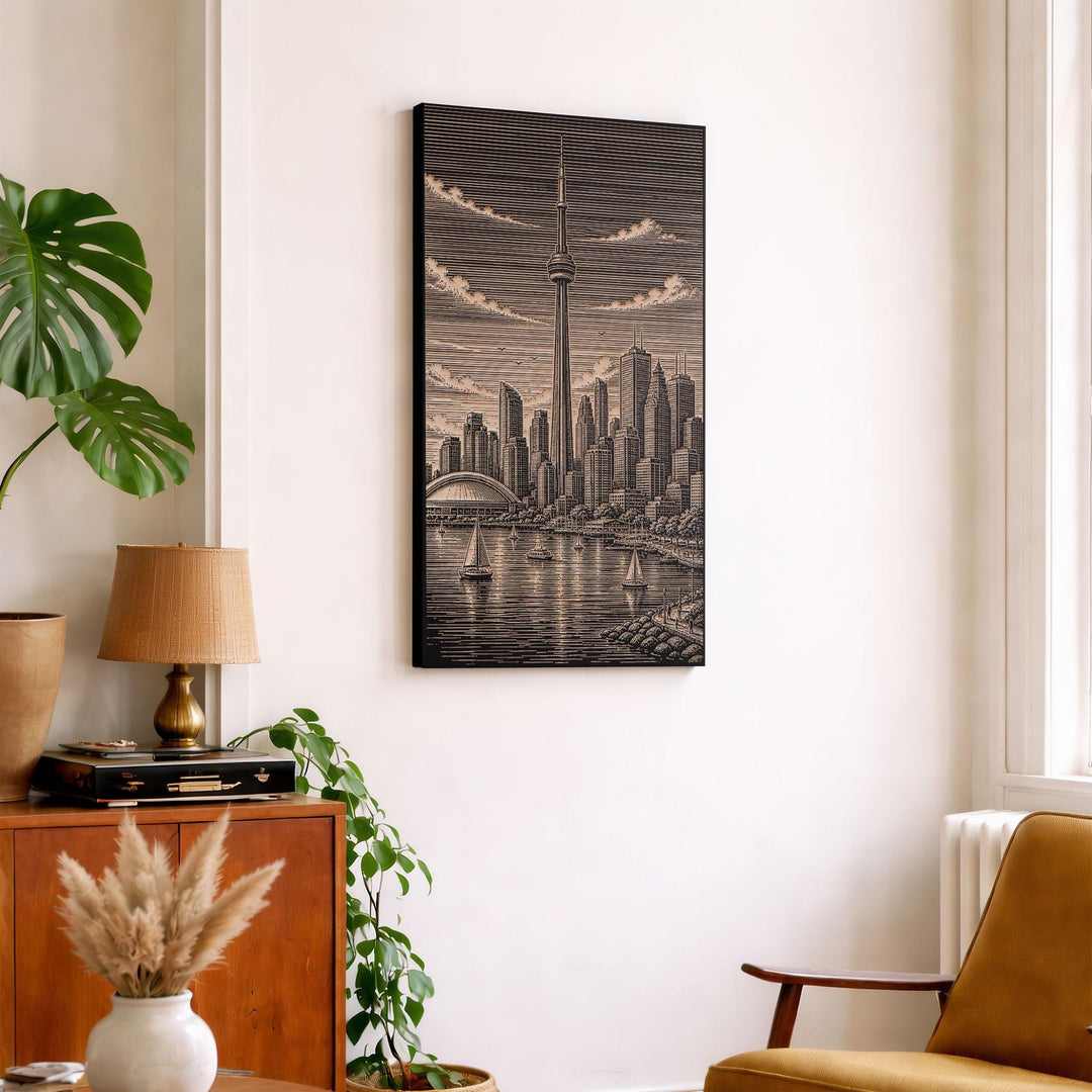 Toronto Skyline and CN Tower Engraved Birch Wood Art Panel